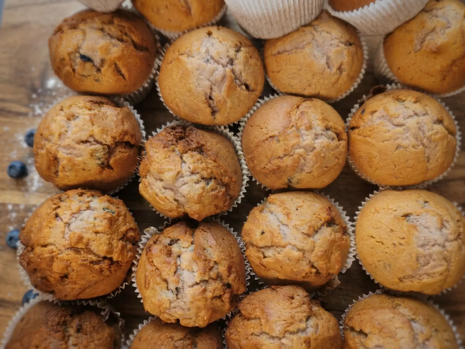 Tray of freshly baked Flo’s blueberry muffins