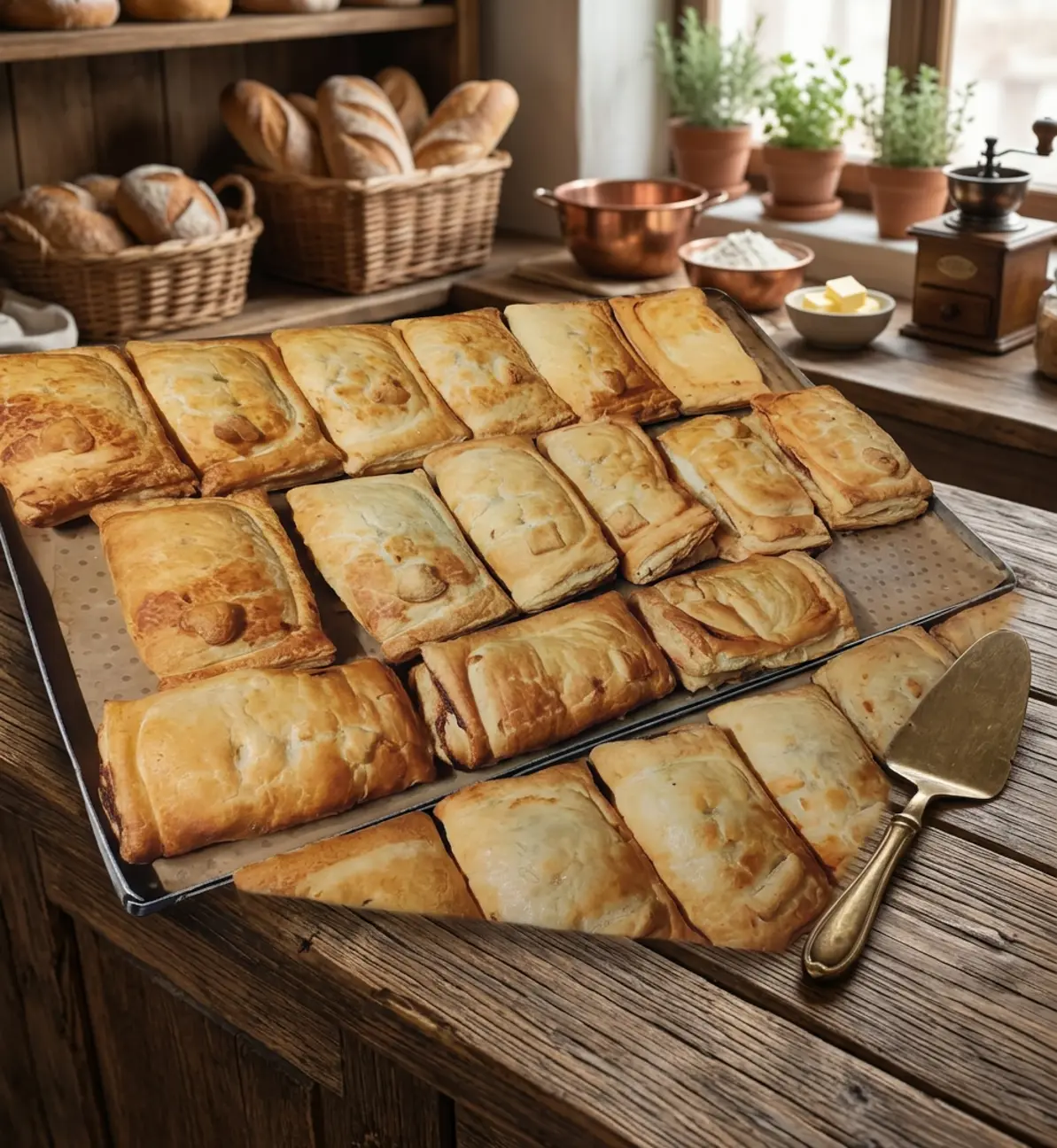 Flo’s freshly baked savoury pies arranged in bulk on bakery trays