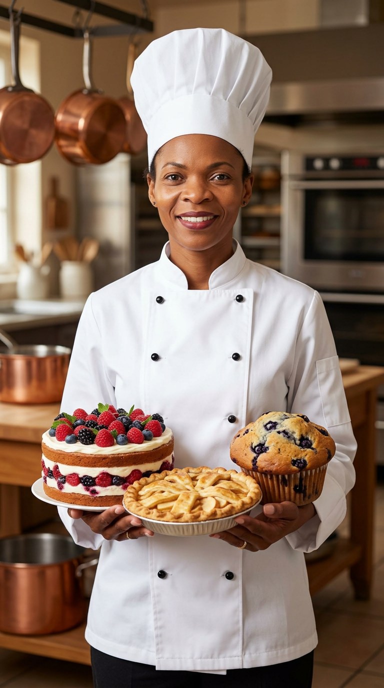 Flo, founder of Flo’s Perfect Bake, in chef attire carrying a cake, a pie and a muffin